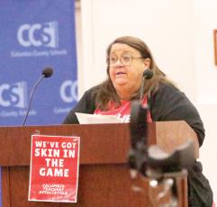 Columbia Teachers Association President Jenee’ Delaney, speaking at a previous Columbia County School Board meeting, told the board on Tuesday that it needs to take care of its employees when it comes to the large insurance increases proposed. (FILE)