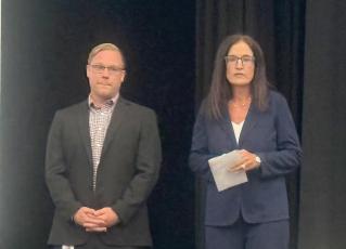 Suwannee County School District Community Relations Specialist TJ Vickers and Chief Financial Officer Marsha Brown speak about the proposed half-cent sales tax Monday at Suwannee High. (JAMIE WACHTER/Lake City Reporter)