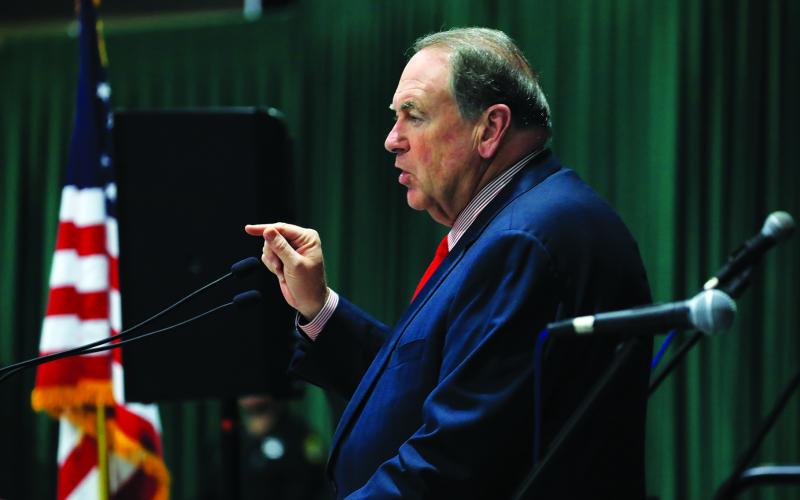 Former Arkansas governor Mike Huckabee won the crowd with easy humor punctuated by fiery passion. (CAMERON VINING/Special to the Reporter)