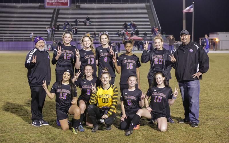 Columbia honored 11 players on Senior Night prior to Wednesday’s game against Fort White. They included Adriana Watson (12), Camryn Nix (13), Lauren Ward (4), Talisha Pope (16), Briana Watson (20), Ana Caballero (15), Kirstin McCormick (8), Emily Lamoreaux (00), Daisy Carmichael (6) and Kirstin Garner (10). Ember Russell-Martinez is not pictured. (BRENT KUYKENDALL/Lake City Reporter)