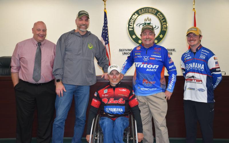 Florida Gateway College will be home to a competitive bass fishing club starting in the fall. Release and photo attached. Pictured are Dr. Lawrence Barrett (from left) and coaches Rob Chapman, Ron Ryals, Shaw Grigsby and Hunter Bland. (COURTESY)