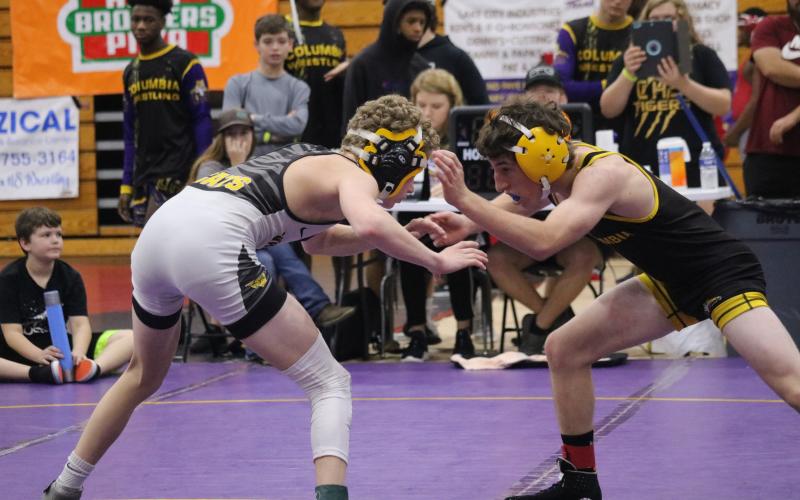 Brett Millard wrestles against Valdosta during the Tiger Duals on Saturday. (JORDAN KROEGER/Lake City Reporter)