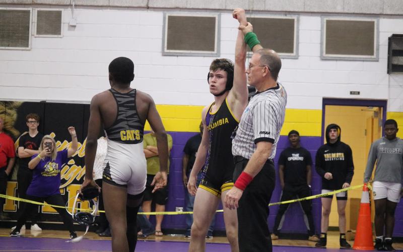 Cooper Mote after winning his match against Valdosta during the Tiger Duals on Saturday. (JORDAN KROEGER/Lake City Reporter)