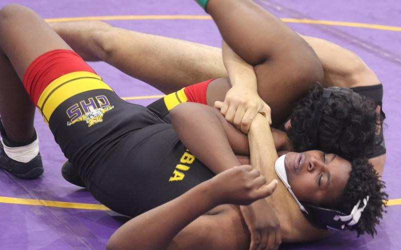 Columbia’s TK Acosta wrestles against Chiles during Friday’s District 2-2A Duals. (TONY BRITT/Lake City Reporter)