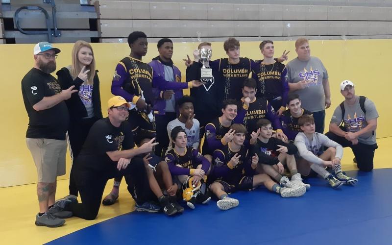 Columbia's wrestling team after placing second at the Hurricane Cup Duals on Saturday. (COURTESY)