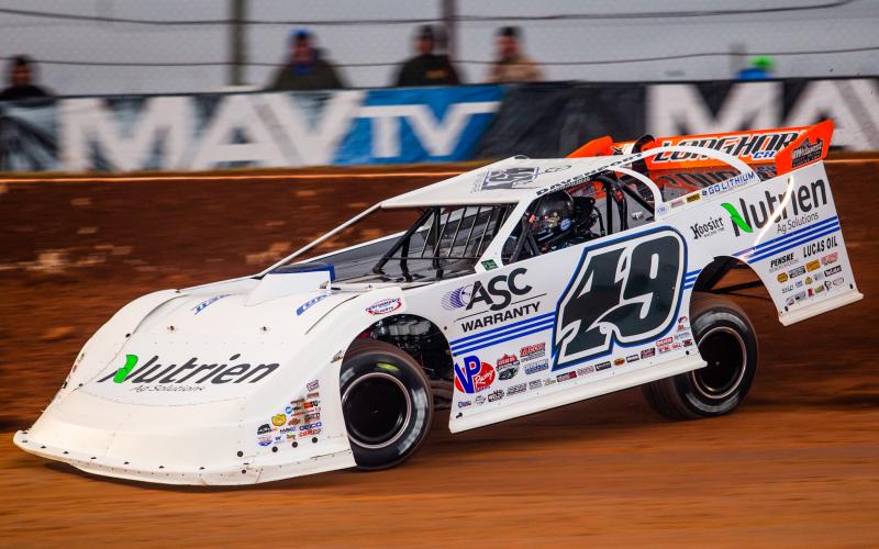 Jonathan Davenport spent this week in Tampa for the Winter Nationals at East Bay Raceway Park, and ran into trouble Wednesday. He hooked a rut, folded under his nose on the right front and was plowed into from behind, totaling his No. 49 car. (HEATH LAWSON/Special to the Reporter)