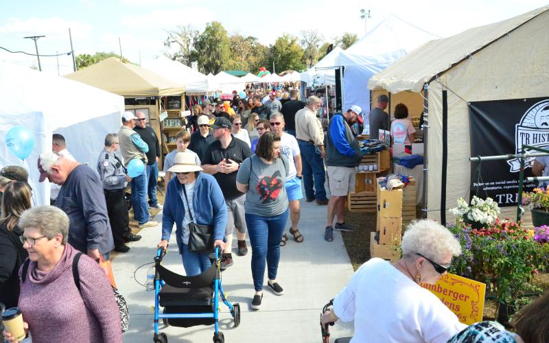 Festival-goers check out the numerous food and souvenir vendors set up at Wilson Park near Lake DeSoto, a new venue for the Olustee Battle Festival from previous years. (CARL MCKINNEY/Lake City Reporter)