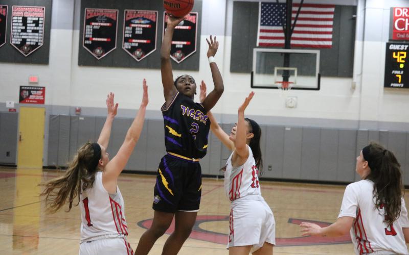 Columbia guard Na’Haviya Paxton shoots over Creekside’s defense during Thursday’s Region 1-6A quarterfinal. The Lady Knights won 65-50. (ZACH ABOLVERDI/Lake City Reporter)