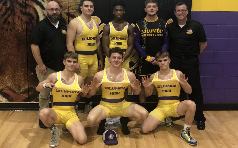 Columbia held Senior Night against Orange Park on Wednesday. Pictured are assistant coach Gary McGuigan (back row, from left),  Jesse Braden, Daveyon Brown, Bryson Reobuck and coach Pete Whittington; Ian McGuigan (front row, from left), Preston O’Quinn and Alex McGuigan. (JORDAN KROEGER/Lake City Reporter)
