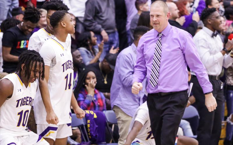 Columbia coach Steve Faulkner reacts as his team closes out a victory over Daytona Beach Mainland in Friday night’s Region 1-6A final. The win sent the Tigers to their first Final Four since 1968. (BRENT KUYKENDALL/Lake City Reporter)