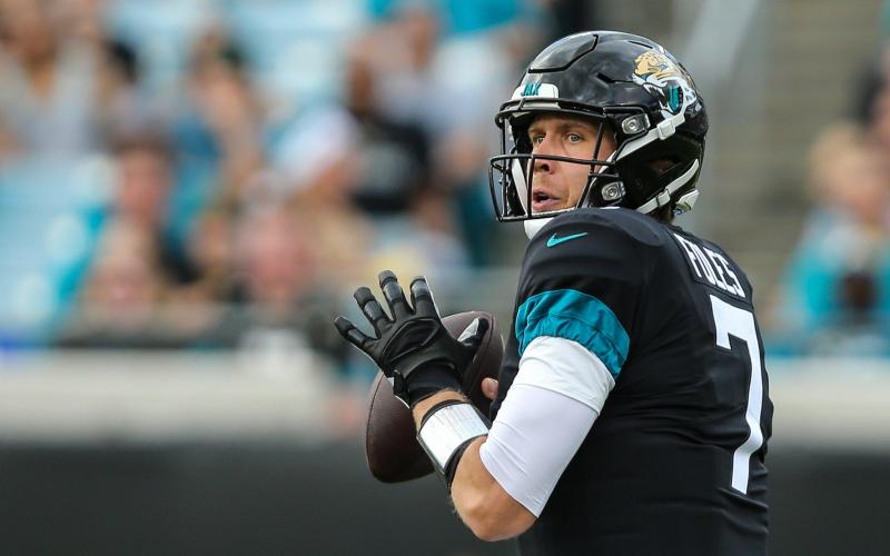 Jaguars quarterback Nick Foles (7) looks for a receiver during the first half of an NFL football game against the Buccaneers at TIAA Bank Field on Dec. 1, 2019 in Jacksonville. (TRIBUNE NEWS SERVICE)