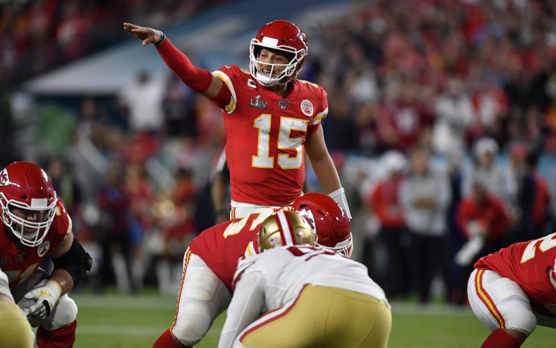 Kansas City Chiefs quarterback Patrick Mahomes (15) directs his offense during Super Bowl 54 against San Francisco 49ers on Feb. 2 at Hard Rock Stadium in Miami Gardens. (TAMMY LJUNGBLAD/Kansas City Star/TNS)