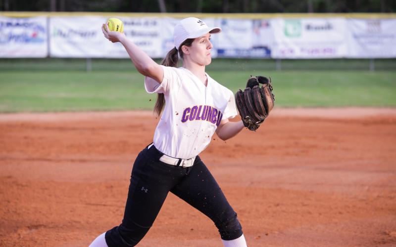 Columbia third baseman Morgan Hoyle throws to first base to record an out against Chiefland on March 10. (BRENT KUYKENDALL/Lake City Reporter)