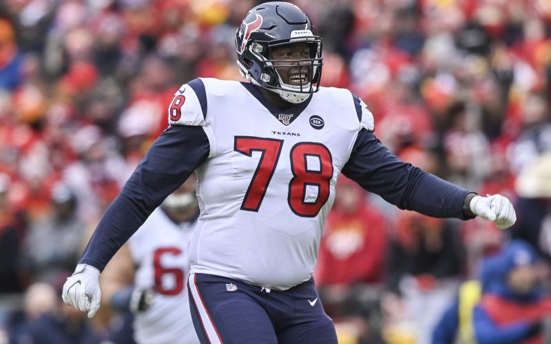 Houston Texans left tackle Laremy Tunsil (78) celebrates his team’s touchdown against the Kansas City Chiefs on Jan. 12 in Kansas City, Mo. (REED HOFFMANN/Associated Press)