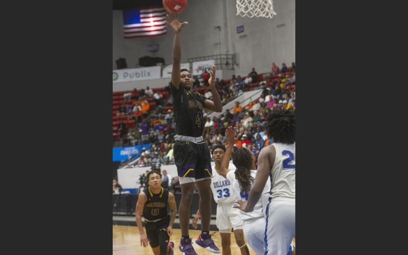 Columbia’s Kenney Gaines (4) goes up for a basket against Dillard in the Class 6A semifinals at The RP Funding Center on March 5, 2020. (MICHAEL WILSON/Special to the Reporter)