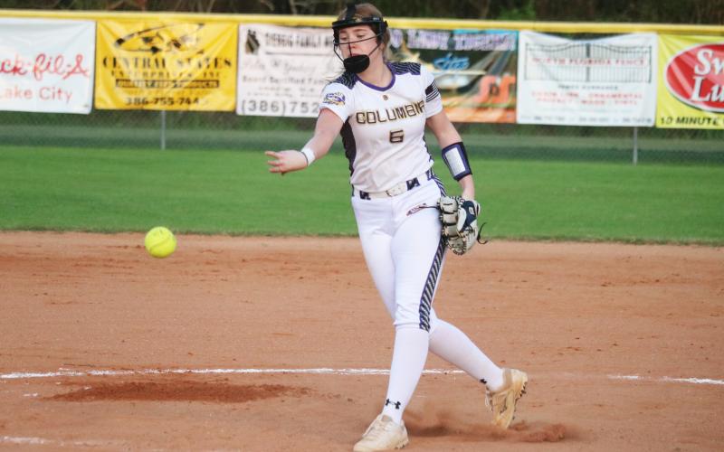 Columbia pitcher Emma Edson hurls a pitch to the plate against Madison County on March 12. (JORDAN KROEGER/Lake City Reporter)