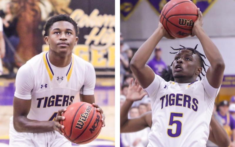 LEFT: Columbia shooting guard Kenney Gaines gets set to shoot a free throw against Daytona Beach Mainland in the Region 1-6A finals on Feb. 28. RIGHT: Columbia point guard Darrien Jones pulls up for a jumper against Daytona Beach Mainland in the Region 1-6A finals on Feb. 28. (BRENT KUYKENDALL/Lake City Reporter)