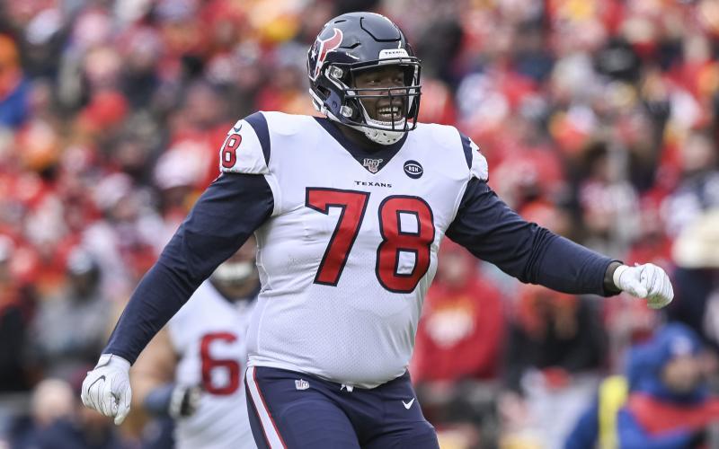 Houston Texans left tackle Laremy Tunsil (78) celebrates his team’s touchdown against the Kansas City Chiefs on Jan. 12 in Kansas City, Mo. (REED HOFFMANN/Associated Press)