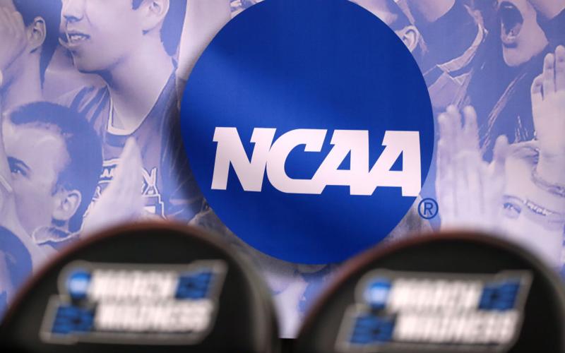 The NCAA logo is seen in the second half of the game between the Northwestern Wildcats and the Vanderbilt Commodores during the first round of the 2017 NCAA Men's Basketball Tournament at Vivint Smart Home Arena on March 16, 2017 in Salt Lake City, Utah. (CHRISTIAN PETERSEN/Getty Images/TNS)