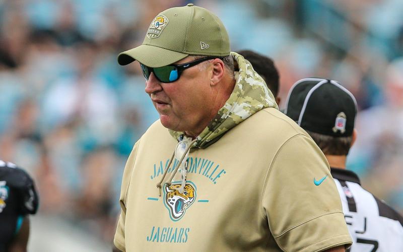 Jaguars head coach Doug Marrone checks on an injured player on the field during the second half of an NFL football game against the Buccaneers at TIAA Bank Field, Sunday, Dec. 1, 2019 in Jacksonville. (GARY LLOYD MCCULLOUGH/TNS)