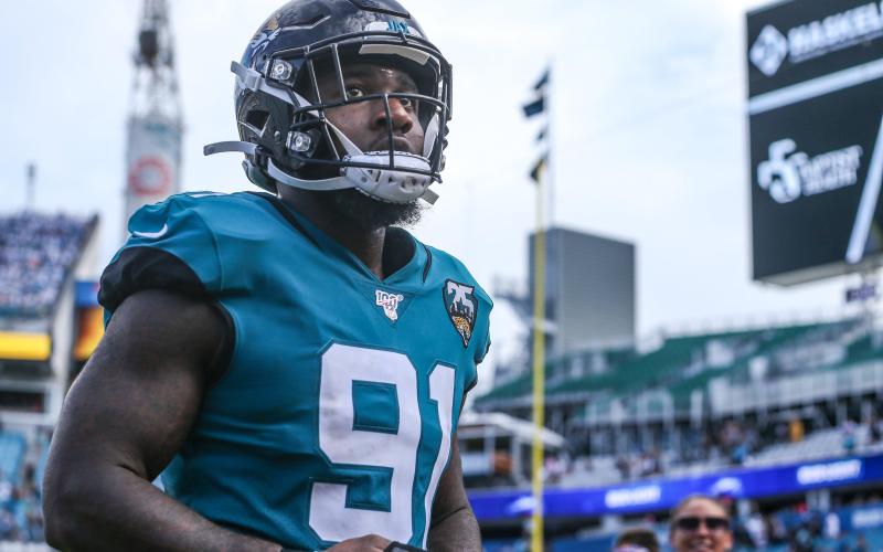 Jacksonville Jaguars defensive end Yannick Ngakoue (91) walks off the field after an NFL football game against the New York Jets at TIAA Bank Field, Sunday, Oct. 27, 2019 in Jacksonville. (TRIBUNE NEWS SERVICE)