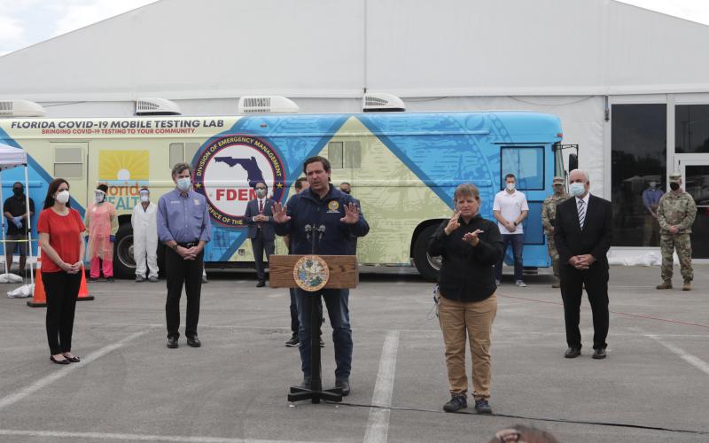 Florida Gov. Ron DeSantis speaks during a news conference at a covid-19 testing site at Hard Rock Stadium in Miami on May 6. (AP PHOTO)