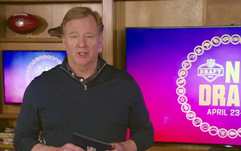 In this still image from video provided by the NFL, NFL Commissioner Roger Goodell speaks during the NFL draft on April 25. (NFL)