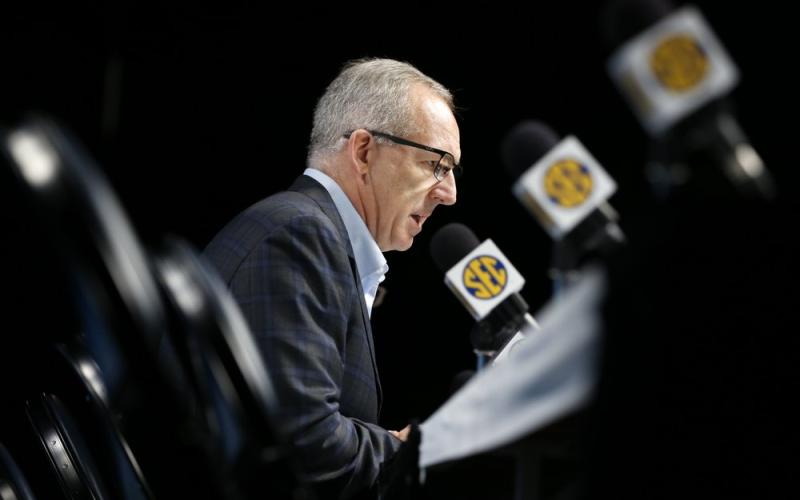 Greg Sankey, commissioner of the Southeastern Conference, talks about the decision to cancel the remaining games in the SEC NCAA college basketball tournament on March 12, in Nashville, Tenn. College sports leaders have repeatedly said there can be no college sports without campuses being open to students. And those decisions will be made with guidance from state and local public health and government officials. (AP FILE PHOTO)