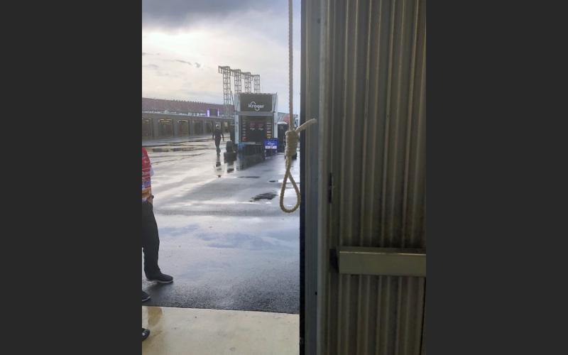 This photo provided by NASCAR shows the noose found in the garage stall of Black driver Bubba Wallace at Talladega Superspeedway on Sunday, in Talladega, Ala. The discovery prompted a federal investigation that determined the rope had been there since at least last October. (COURTESY OF NASCAR)