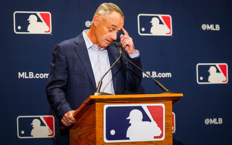 Major League Baseball commissioner Rob Manfred addresses reporters during MLB Media Day activities on Feb. 18, in Scottsdale, Ariz. (SMILEY M. POOL/TNS)