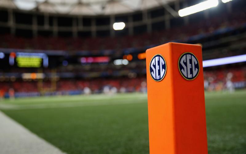 An SEC logo is seen on an end zone pylon before the Missouri Tigers take on the Auburn Tigers during the SEC Championship Game on Dec. 7, 2013 at the Georgia Dome in Atlanta, Georgia. The SEC and ACC will announce updated plans for the 2020 season next week. (MIKE EHRMANN/Getty Images/TNS)
