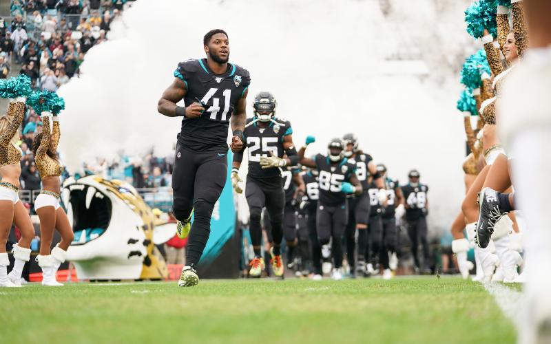 Jacksonville Jaguars defensive end Josh Allen (41) enters the field with his team before a game against the Los Angeles Chargers at TIAA Bank Field on Dec. 8, 2019, in Jacksonville. (JAMES GILBERT/Getty Images/TNS)