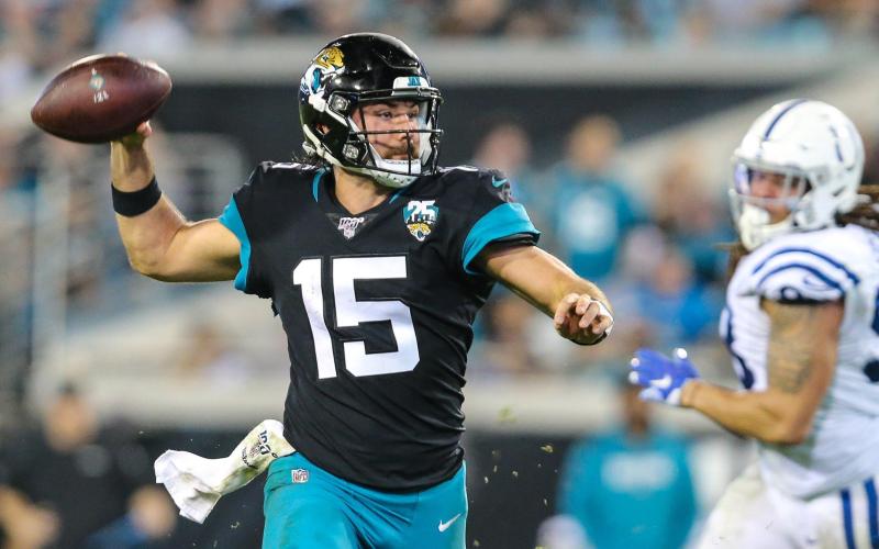 Jacksonville Jaguars quarterback Gardner Minshew II (15) throws a touchdown pass against the Indianapolis Colts on Dec. 29, 2019, in Jacksonville. (TRIBUNE NEWS SERVICE)