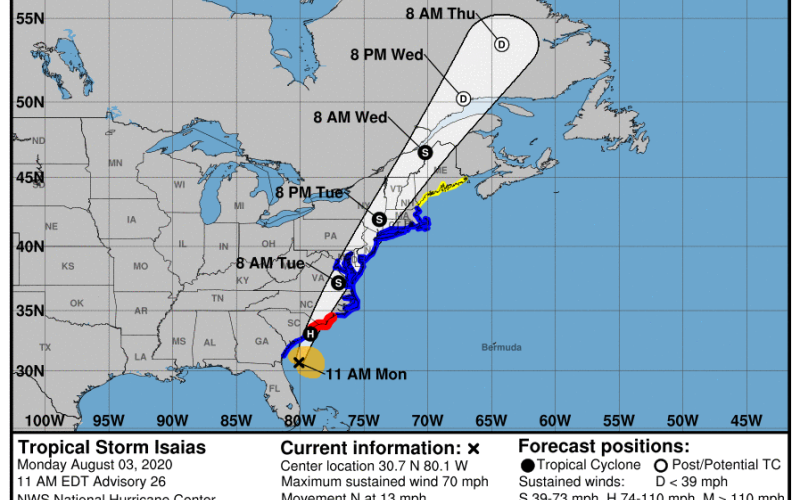Tropical Storm Isaias' projected path. (NOAA)