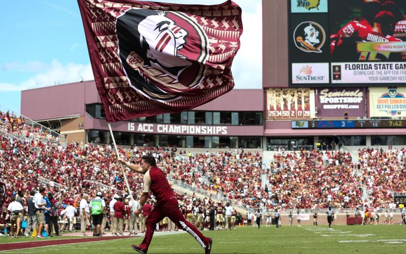 Florida State Seminoles cheerleaders during the season opener against Boise State last season at Doak Campbell Stadium in Tallahassee. (MONICA HERNDON/Tampa Bay Times)