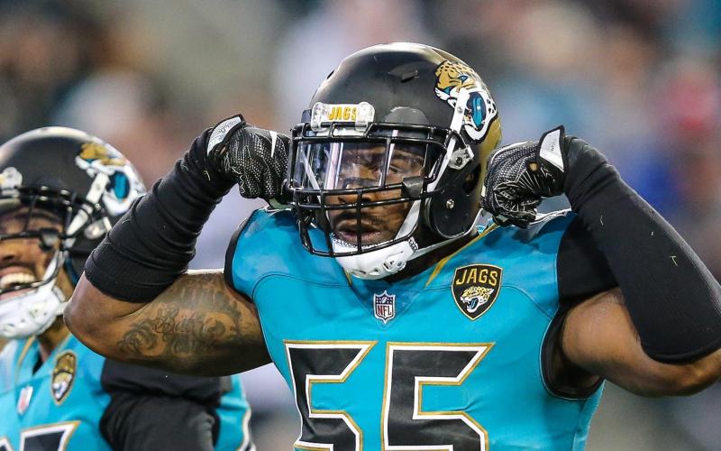 Jacksonville Jaguars defensive end Lerentee McCray (55) celebrates a second zero-yard punt return by Seattle during the first half of a game at EverBank Field oN Dec. 10, 2017, in Jacksonville. (TRIBUNE NEWS SERVICE)
