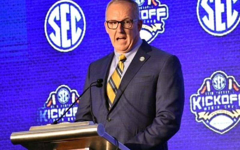 Southeastern Conference Commissioner Greg Sankey speaks at SEC Media Days last year in Hoover, Ala. (ERIC BLUM/Tribune)