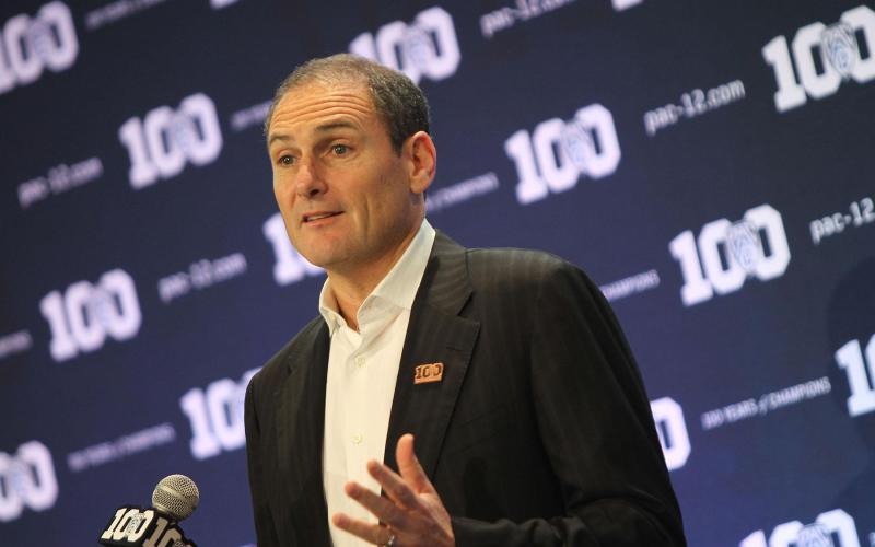Commissioner Larry Scott speaks to kick off Pac-12 Media Days at Warner Brothers Studios in Burbank, Calif., in 2015. (CHRIS PIETSCH/The Register-Guard/TNS)