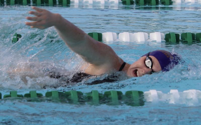 Columbia swimmer Mackenzie Conklin competes in the 500-yard freestyle during Tuesday’s meet against Suwannee. She won the event. (SHELBY CONKLIN/Special to the Reporter)