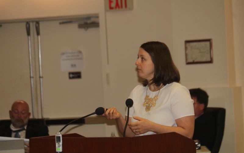 Jamie Bell, public engineer with Jones Edmunds and Associates, presents the preliminary engineering report and the first phase of the wastewater treatment facility to the County Commission on Thursday. (TONY BRITT/Lake City Reporter)