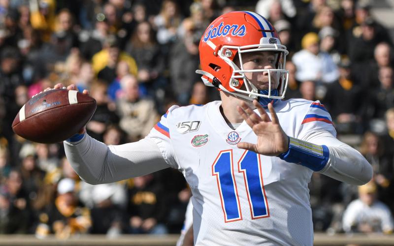 Florida Gators quarterback Kyle Trask passes against the Missouri Tigers at Faurot Field/Memorial Stadium on Nov. 16, 2019, in Columbia, Missouri. (ED ZURGA/Getty Images/TNS)
