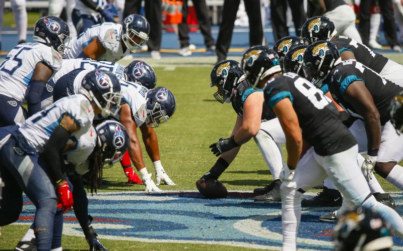 The Jacksonville Jaguars line up against the Tennessee Titans during the first half on Sunday at Nissan Stadium in Nashville, Tenn. (FREDERICK BREEDON/Getty Images/TNS)