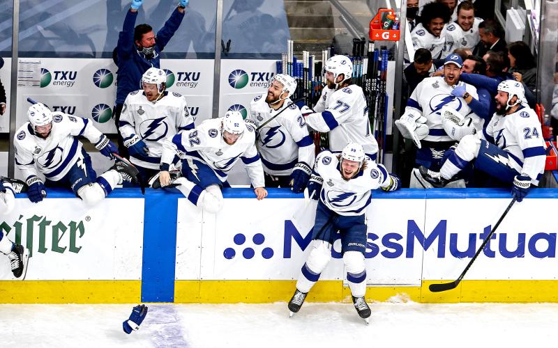 The Tampa Bay Lightning celebrate defeating the Dallas Stars 2-0 to win the 2020 NHL Stanley Cup Final at Rogers Place on Monday, in Edmonton, Alberta. (BRUCE BENNETT/Getty Images/TNS)