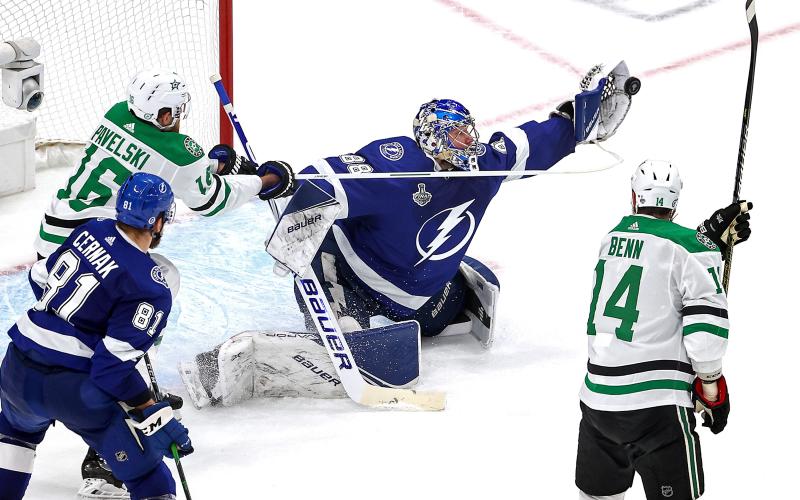 Tampa Bay Lightning goalie Andrei Vasilevskiy makes the save against Joe Pavelski of the Dallas Stars during the second period in Game 2 of the NHL Stanley Cup Final at Rogers Place on Monday, in Edmonton, Alberta, Canada. The Lightning won 3-2. (BRUCE BENNETT/Getty Images/TNS)