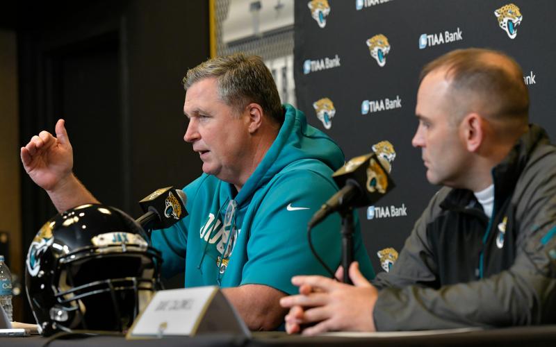Jaguars head coach Doug Marrone (left) and general manager Dave Caldwell talk about next season during a press conference on Dec. 31, 2019 at TIAA Bank Field in Jacksonville. (WILL DICKEY/TNS)