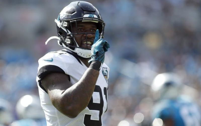 Then-Jacksonville Jaguars defensive end Yannick Ngakoue (91) reacts following a play against the Carolina Panthers during the first half of a game on Oct. 6, 2019, in Charlotte, N.C. (AP FILE PHOTO)