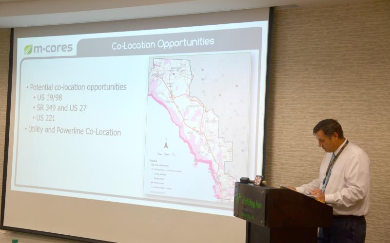 Possible routes for the Suncoast Parkway, a proposed toll road within the Multi-use Corridors of Regional Economic Significance program, is shown during a joint meeting of the County Commission and Tourist Development Council on Thursday as Ryan Asmus with the Florida Department of Transportation presents about the project’s impact on Columbia County. (CARL MCKINNEY/Lake City Reporter)