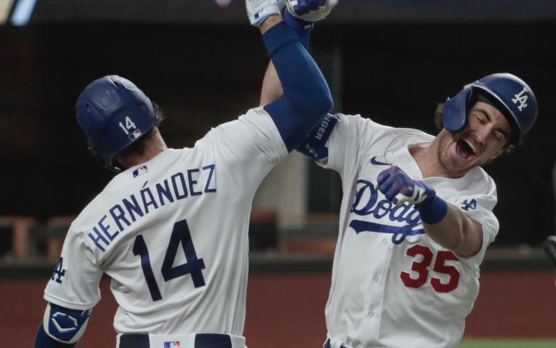 Los Angeles Dodgers center fielder Cody Bellinger (35) hit the go-ahead home run in the seventh inning in game seven of the NLCS against the Atlanta Barves at Globe Life Field on Sunday. (ROBERT GAUTHIER/Los Angeles Times/TNS)