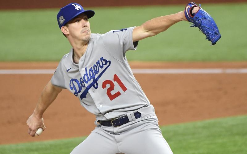 Los Angeles starter Walker Buehler pitches against Tampa Bay in the third game of the World Series on Friday night in Arlington, Texas. (WALLY SKALIJ/Los Angeles Times/TNS)