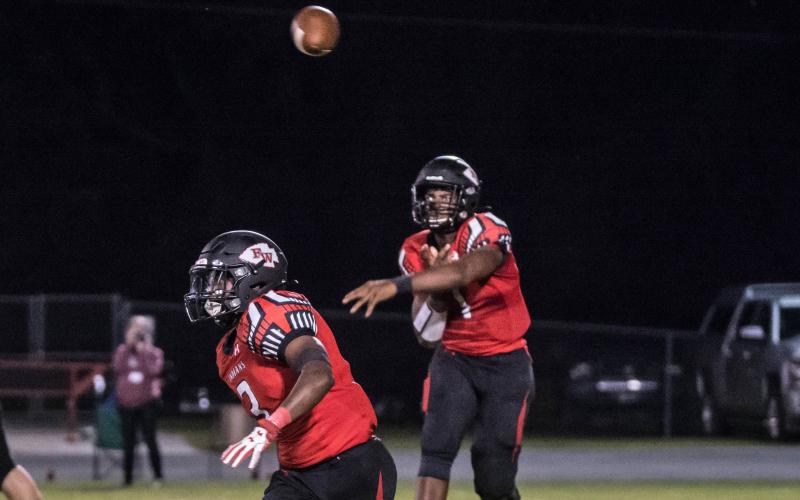 Fort White quarterback Tyler Jefferson throws a pass against Taylor County on Oct. 2. (CHRISTINA FEAGIN/Special to the Reporter)